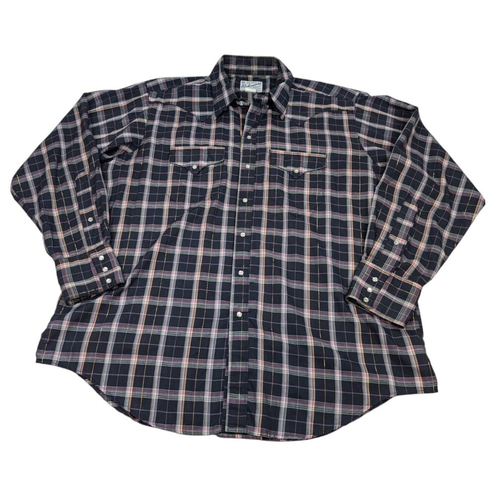 Rockmount Ranch Wear Shirt Mens 17 1/2 - 35 Black Plaid Pearl‎ Snap USA Made